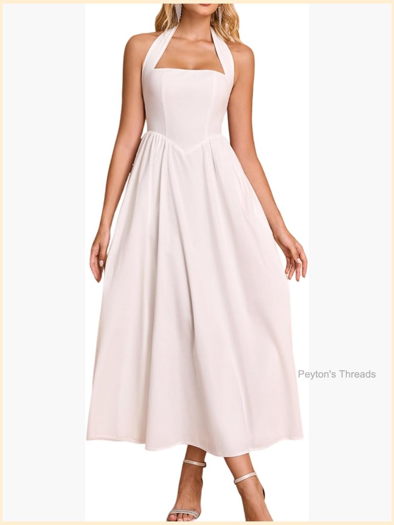 Halter Midi Dress Corset Flowy A Line Tea Party Sundress With Pockets